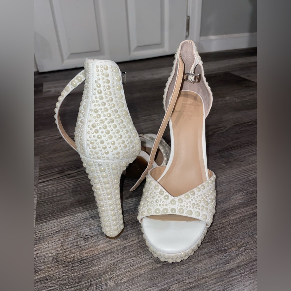 INC International Concepts Pearl-Studded Cream Heels